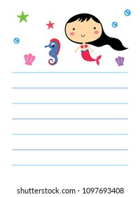 vector illustration of mermaid girl and seahorse greeting card