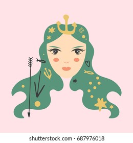 Vector illustration of a mermaid girl. Sticker, print.
