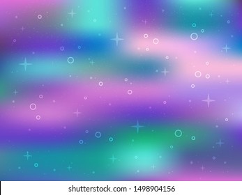Vector illustration of mermaid gradient background with rainbow colors. Holographic fairy background with bubbles and stars. Magic underwater backdrop for banner, wrapping paper, print