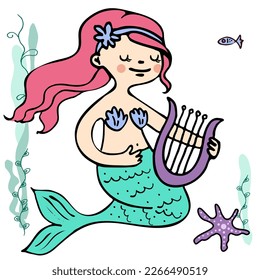 vector illustration mermaid with harp and starfish