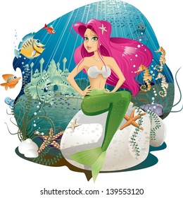 Vector illustration of a mermaid and her underwater world, full of life and color.