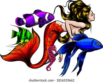 Vector illustration of a mermaid and her underwater world, full of life and color. vector