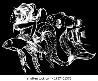 Vector illustration of a mermaid and her underwater world, full of life and color. vector