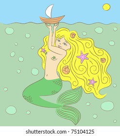 Vector illustration. The mermaid holding a boat on a water surface.