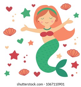 Vector illustration of mermaid isolated on white background with star, heart and seashell. Cute cartoon mermaid useful for invitations, 
 baby shower, scrapbook, blogging, mobile games.