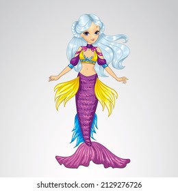 Vector illustration of mermaid with long silver hair and purple finned tail