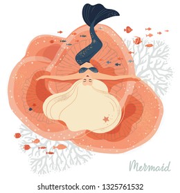 Vector illustration of a mermaid lying on the corals at the bottom of the ocean with various elements of marine life. Illustration with lettering. The life of mermaids under water.