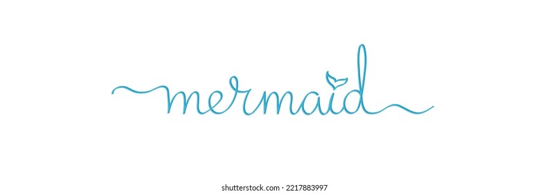 Vector illustration of Mermaid minimalist monoline lettering for logotype, merchandise, t-shirt, fabric, cup, mug, gift, poster, decoration, postcard, bag, textile. EPS 10. 