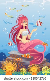 A vector illustration of a mermaid in the ocean surrounded by fish