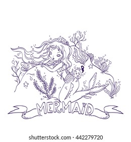 Vector Illustration of a Mermaid and Octopus King Under the Sea for Coloring, Doodle Cartoon Character 
