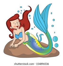 Vector illustration of mermaid on rocks undersea.