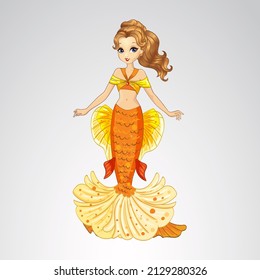 Vector illustration of mermaid with orange gold tail wearing yellow tank top