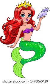 Vector illustration of mermaid princess with crown and red hair holding a seashell. Isolated on white background