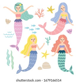 Vector illustration of mermaid princess, fishes, starfish and under the sea items.