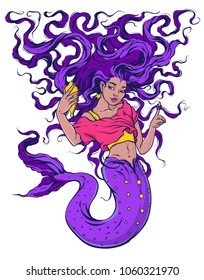 vector illustration of a mermaid purple hair with a mirror aquamarine background