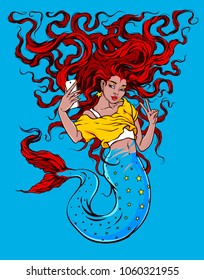 vector illustration of a mermaid with red hair making selfie blue background