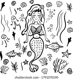 Vector illustration with mermaid and sea elements.