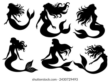 Vector illustration. Mermaid silhouette on a white background. Printable sticker. set of silhouettes.