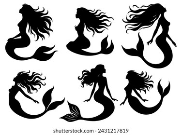 Vector illustration. Mermaid silhouette on a white background. Printable sticker. set of silhouettes.