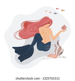 Vector illustration of a mermaid sitting at the bottom of the ocean with a seashell in her hand. Against the background of marine elements, marine life, corals.