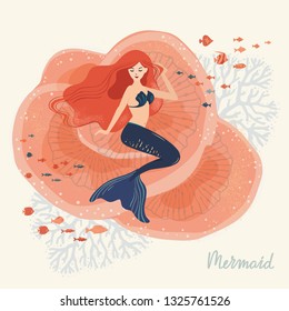 A vector illustration of a mermaid sitting on corals at the bottom of the ocean with various elements of marine life. Illustration with lettering. The life of mermaids under water.