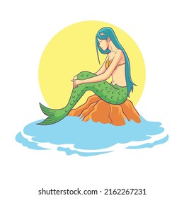 vector illustration of a mermaid sitting on a rock. nearby were the waves of the ocean.