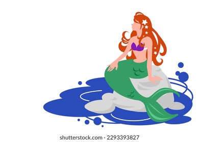 Vector illustration of a mermaid sitting on a rock floating in the sea and staring into the distance.