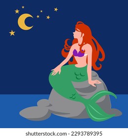 Vector illustration of a mermaid sitting on a rock floating in the sea and staring into the distance. In night view.