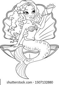 Vector illustration of mermaid sitting in seashell. Isolated outline for coloring book