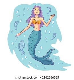vector illustration of a mermaid swimming in the sea. all around him were fish and foam.