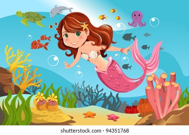 A vector illustration of a mermaid swimming underwater in the ocean