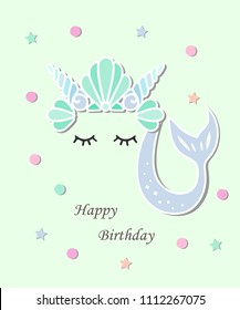 Vector illustration with Mermaid tail, sea shell crown. Mermaid as patch, sticker, cake toppers, laser cut plastic, t-shirt design.Template for Mermaid style party invitation, birthday, greeting card