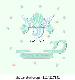 Vector illustration with Mermaid tail, sea shell crown. Mermaid as patch, sticker, cake toppers, laser cut plastic, t-shirt design.Template for Mermaid style party invitation, birthday, greeting card