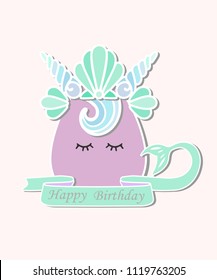 Vector illustration with Mermaid tail, sea shell crown. Mermaid as patch, sticker, cake toppers, laser cut plastic, t-shirt design.Template for Mermaid style party invitation, birthday, greeting card