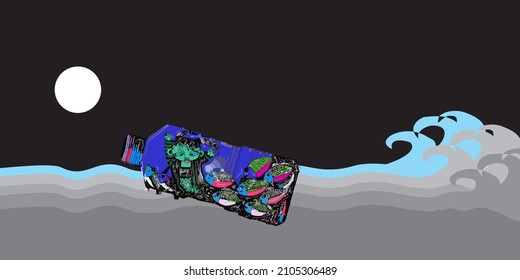 Vector illustration of a mermaid trapped in a plastic bottle in the ocean night