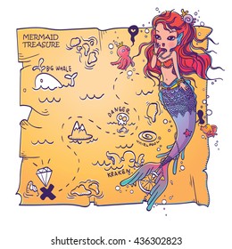 Vector Illustration of a Mermaid and Treasure Map on White Background Hand Drawn, Doodle Cartoon Character 
