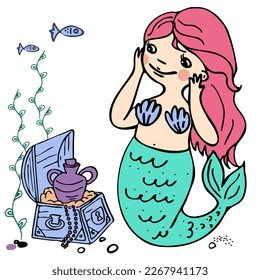 vector illustration mermaid with a tresure chest