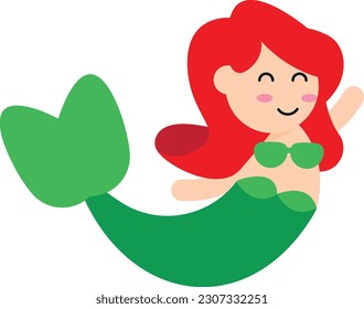 Ilustración vectorial de una sirena con piel blanca y cabello rojo. Criatura mitológica marina. Cuento de hadas.