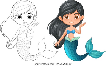 Vector illustration of mermaids in color and sketch