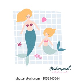 Vector illustration with mermaids. Cute hand drawn nursery poster