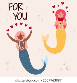 Vector illustration of mermaids of different races. Self-love concept, February 14