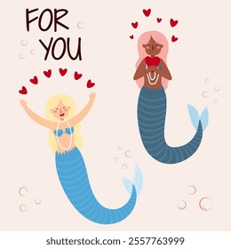 Vector illustration of mermaids of different races. Self-love concept, February 14