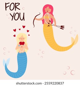 Vector illustration of mermaids of different races. Self-love concept, February 14