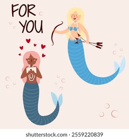 Vector illustration of mermaids of different races. Self-love concept, February 14