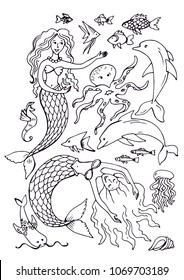 vector illustration with mermaids. Underwater world and marine animals