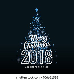 Vector illustration of a Merry Christmas 2018, with tree and lettering. Sparkling blue glitter on a dark background