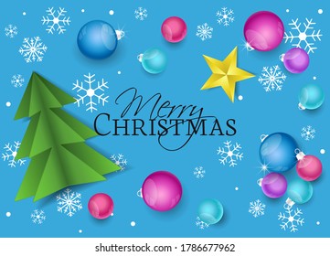 Ilustración vectorial Feliz Navidad de fondo. Vista superior de las decoraciones navideñas. Tarjetas de felicitación con bolas de Navidad y árbol
