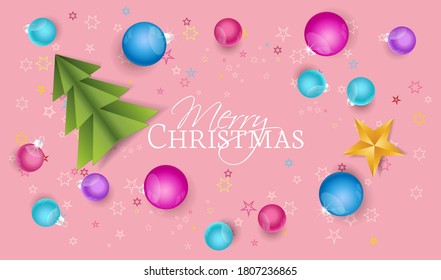 Vector illustration Merry Christmas background. Top view of Christmas decorations. Greeting cards with Christmas balls and tree