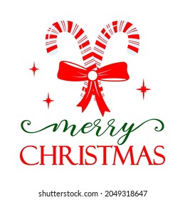 Vector illustration Merry Christmas with Candy Cane peppermint sticks isolated on white background. Winter poster, quote for print, Xmas greetings cards, door sign, home decoration, pillows. 