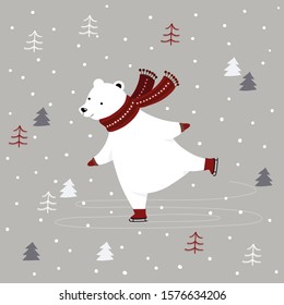 Vector illustration of Merry Christmas Card with polar bear ice skating outdoor in winter forest.